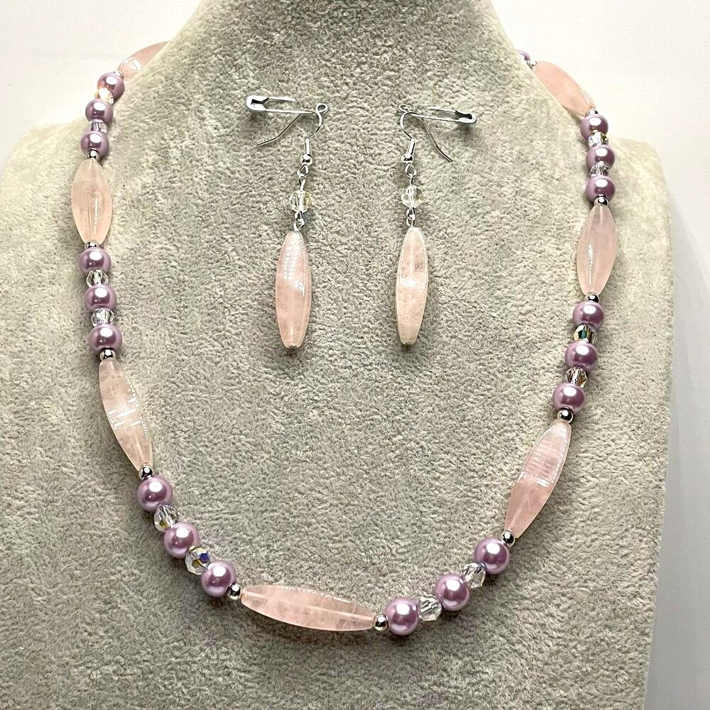 Artisan Handcrafted Rose Quartz Purple Glass Pearls Beaded Necklace Earrings Set